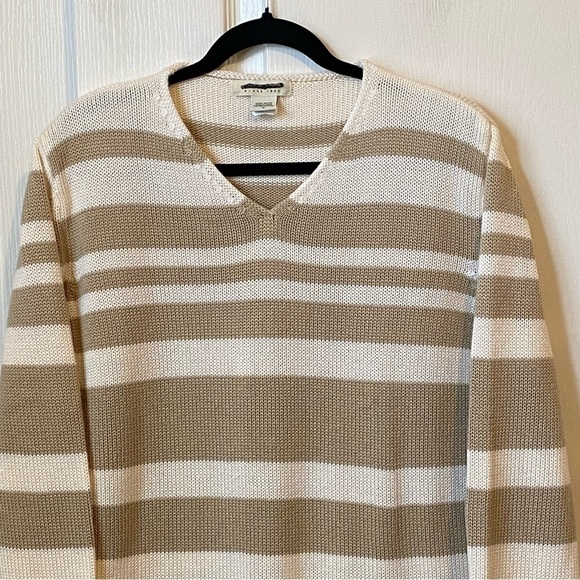 Eddie Bauer Knit Cream and Tan Striped Cotton Sweater Size Large - Picture 2 of 11